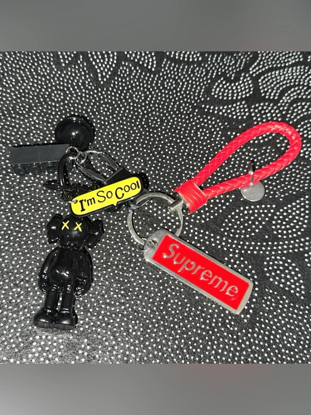 Supreme Red Braided Leather Kids Keychain with Black Character Charm